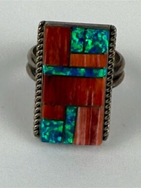 Native American Spiny Oyster, Lab Created Opal Sterling Silver Signed WG 8.75